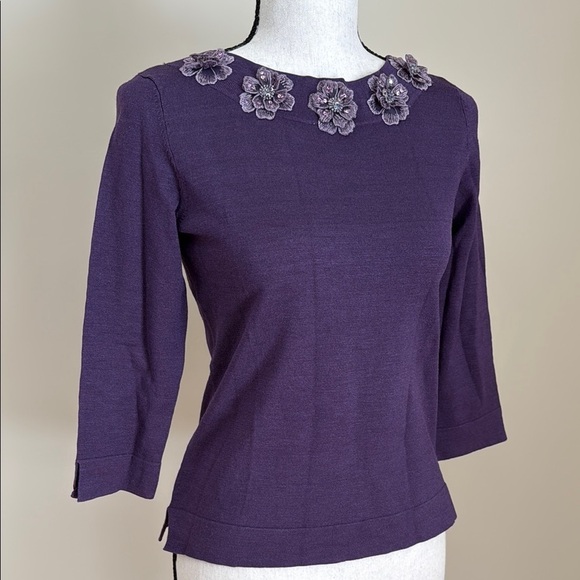 Judith Hart Petites Purple Floral Embroidered Neckline Silk Blend Sweater Top P - Picture 1 of 7